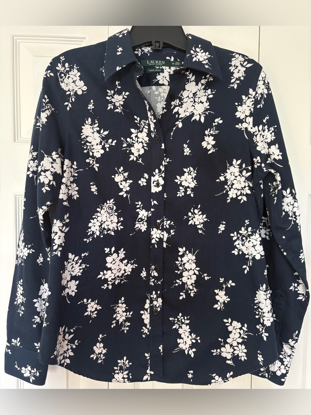 Lauren Ralph Lauren Navy Blue White Floral Button Down Shirt Size Medium